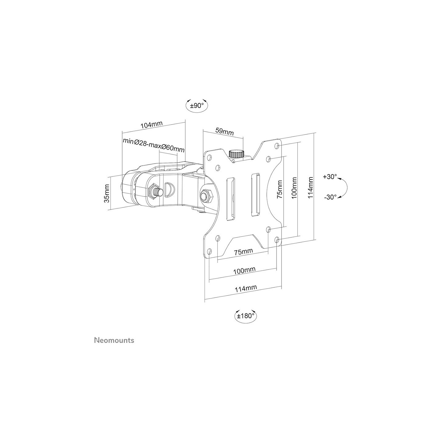 Stangenhalterung. voll beweglich. (Ø28-60 mm) für 17-32' Bildschirme 8KG FL40-430BL11 Neomounts