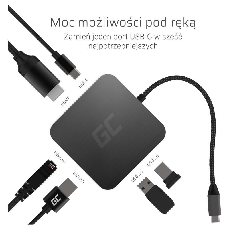 Green Cell AK61 USB-C HUB 6-Port 3xUSB 3.0 USB-C HDMI Gigabit LAN — Buy in Cyprus with Fast Delivery