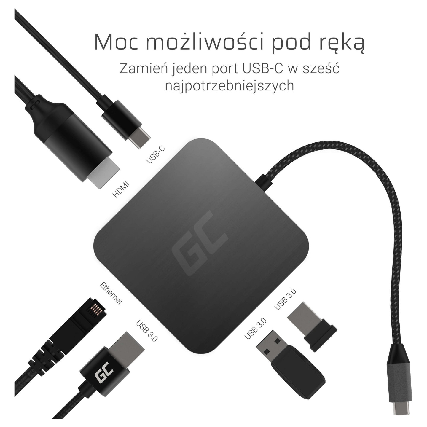 Green Cell AK61 USB-C HUB 6-Port 3xUSB 3.0 USB-C HDMI Gigabit LAN — Buy in Cyprus with Fast Delivery