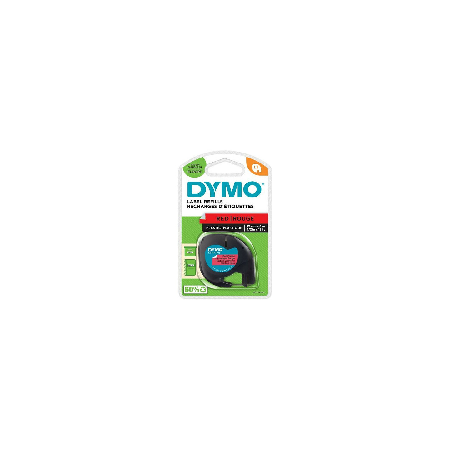 Dymo LabelWriter - LetraTag Kunststoff Etiketten - 12 mm x 4 m - Schwarz auf Rot - (S0721630)