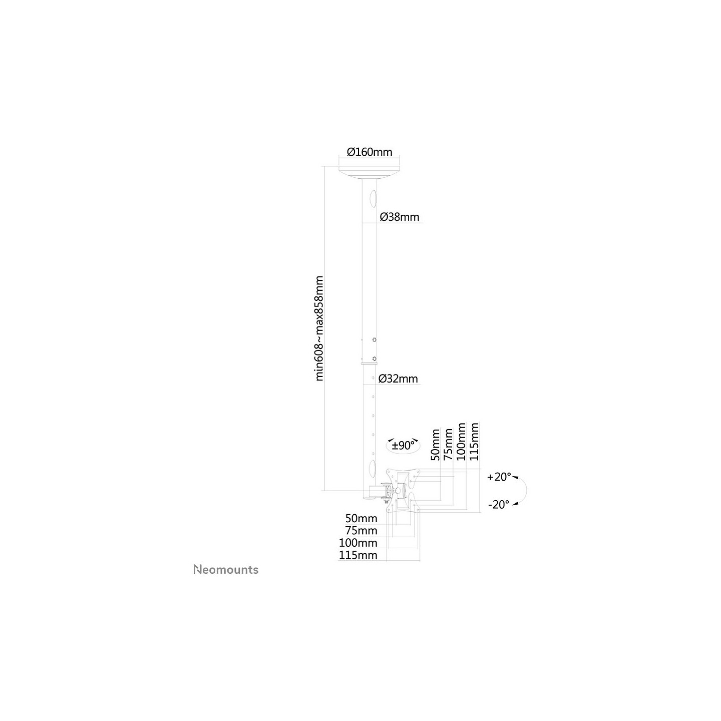 Neomounts Deckenhalterung für Flachbildschirme Fernseher bis 30' (76 cm) 20KG FPMA-C050BLACK