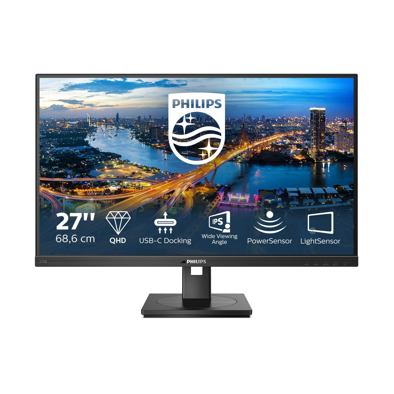 Philips 276B1/00 - 27-inch QHD (2560x1440) IPS Monitor, 75Hz, 4ms, USB-C/DP/2×HDMI, USB Hub, Height-Adjustable, Black