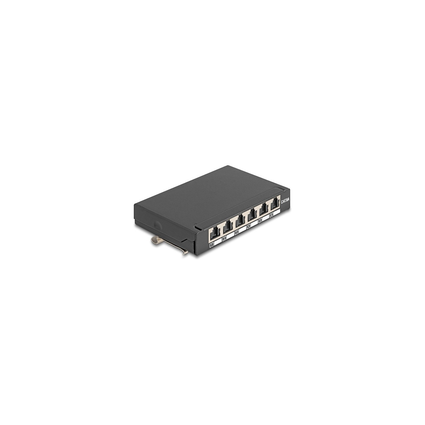 Delock Mini Desktop Patchpanel RJ45 Buchse 6 Port Cat.6A geschirmt schwarz - zur Montage an Tisch. Wand oder Hutschiene