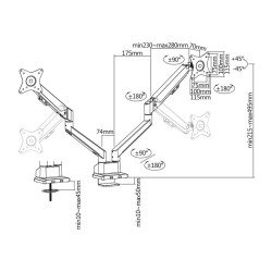 ROLINE LCD-Doppelarm. Tischmontage. Gasfeder. 5 Gelenke. 17-32 Zoll. bis 2x 9 kg. silberfarben