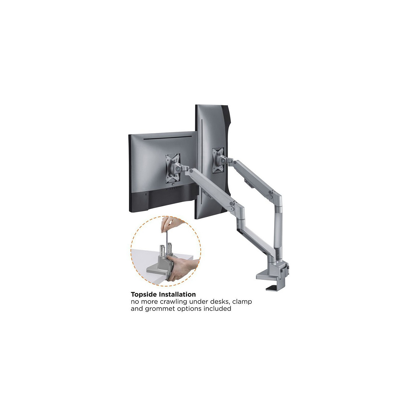 ROLINE LCD-Doppelarm. Tischmontage. Gasfeder. 5 Gelenke. 17-32 Zoll. bis 2x 9 kg. silberfarben