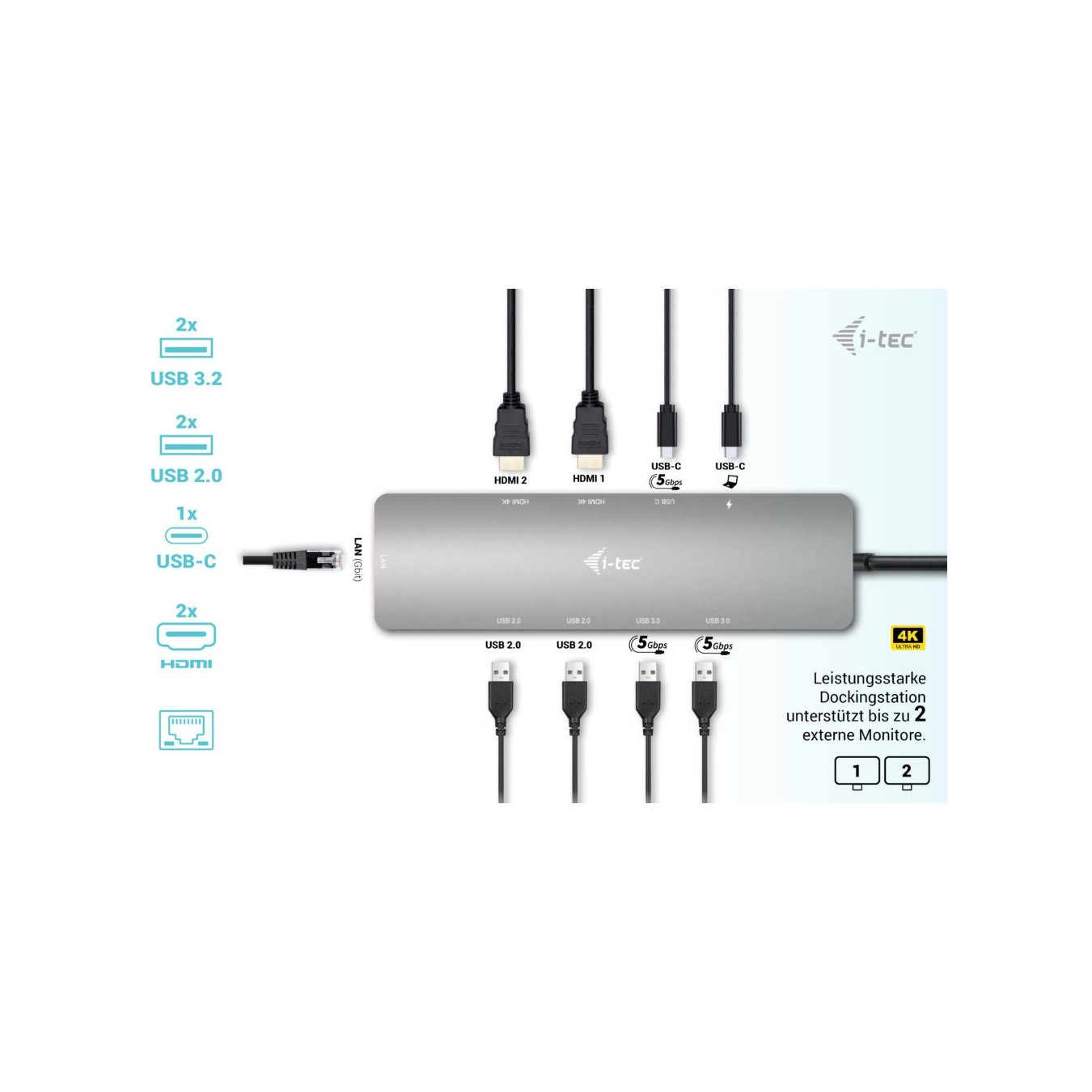 i-tec Metal Nano USB-C Dock - 2×HDMI, 100W Power Delivery, Silver, Dual Display, USB 3.2 Gen1