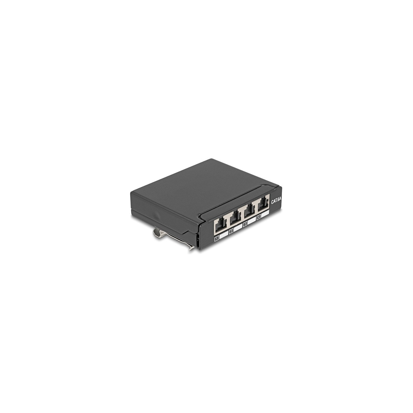 Delock Mini Desktop Patchpanel RJ45 Buchse 4 Port Cat.6A geschirmt schwarz - zur Montage an Tisch. Wand oder Hutschiene