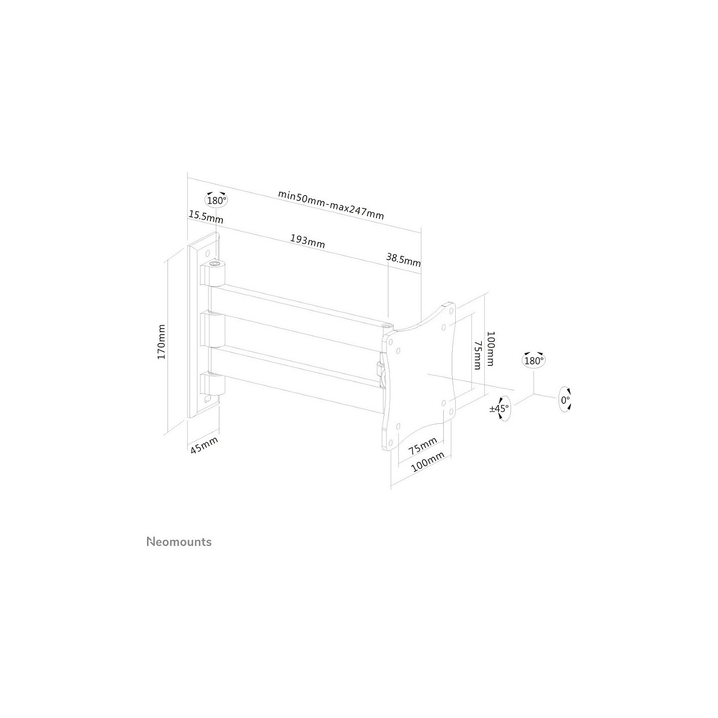 Wandhalterung mit zwei Drehpunkten für Flachbildschirme bis 27' (69 cm) 15KG FPMA-W820BLACK Neomounts
