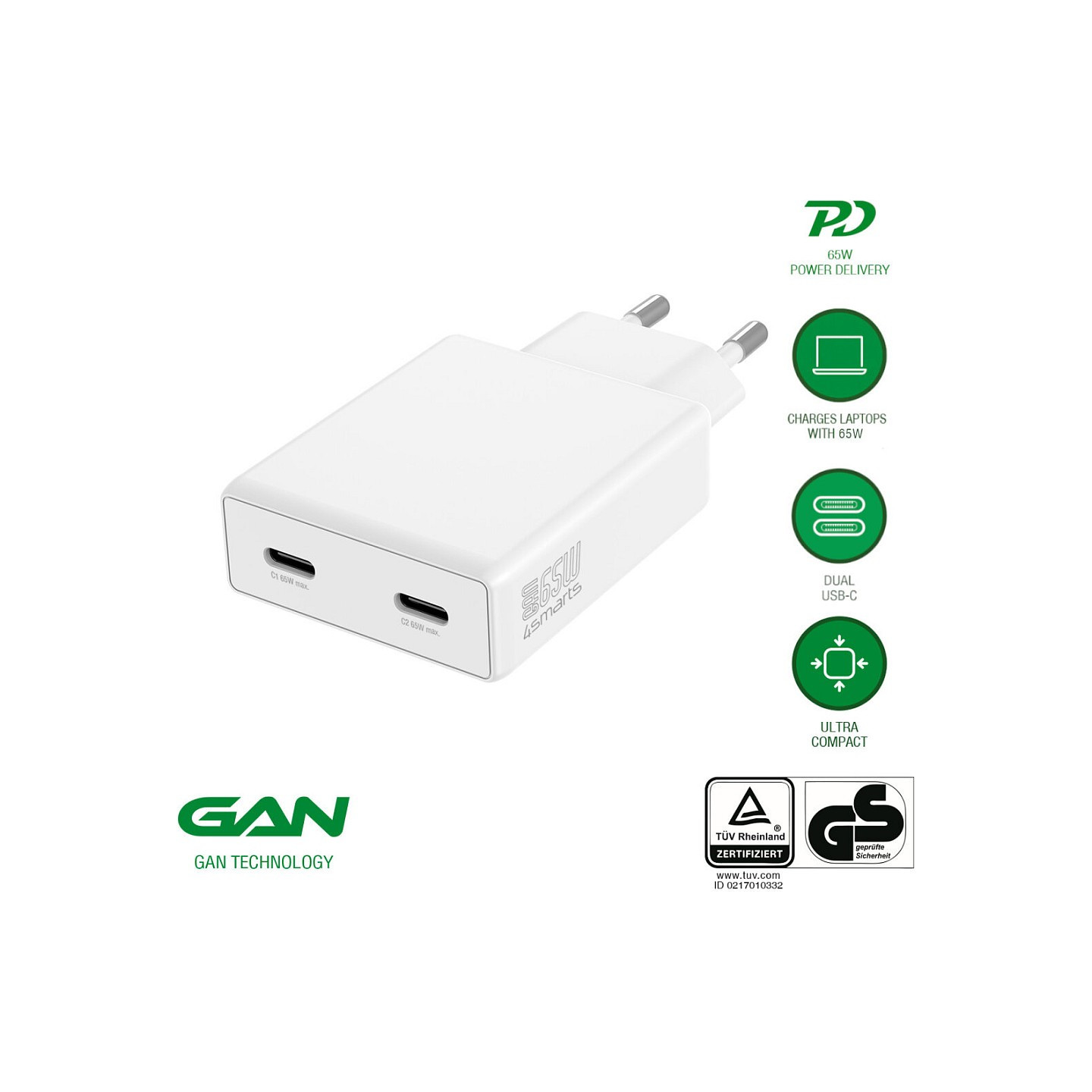 4smarts Netzladegert PDPlug Slim Dual 65W GaN 2C. wei — Buy in Cyprus with Fast Delivery