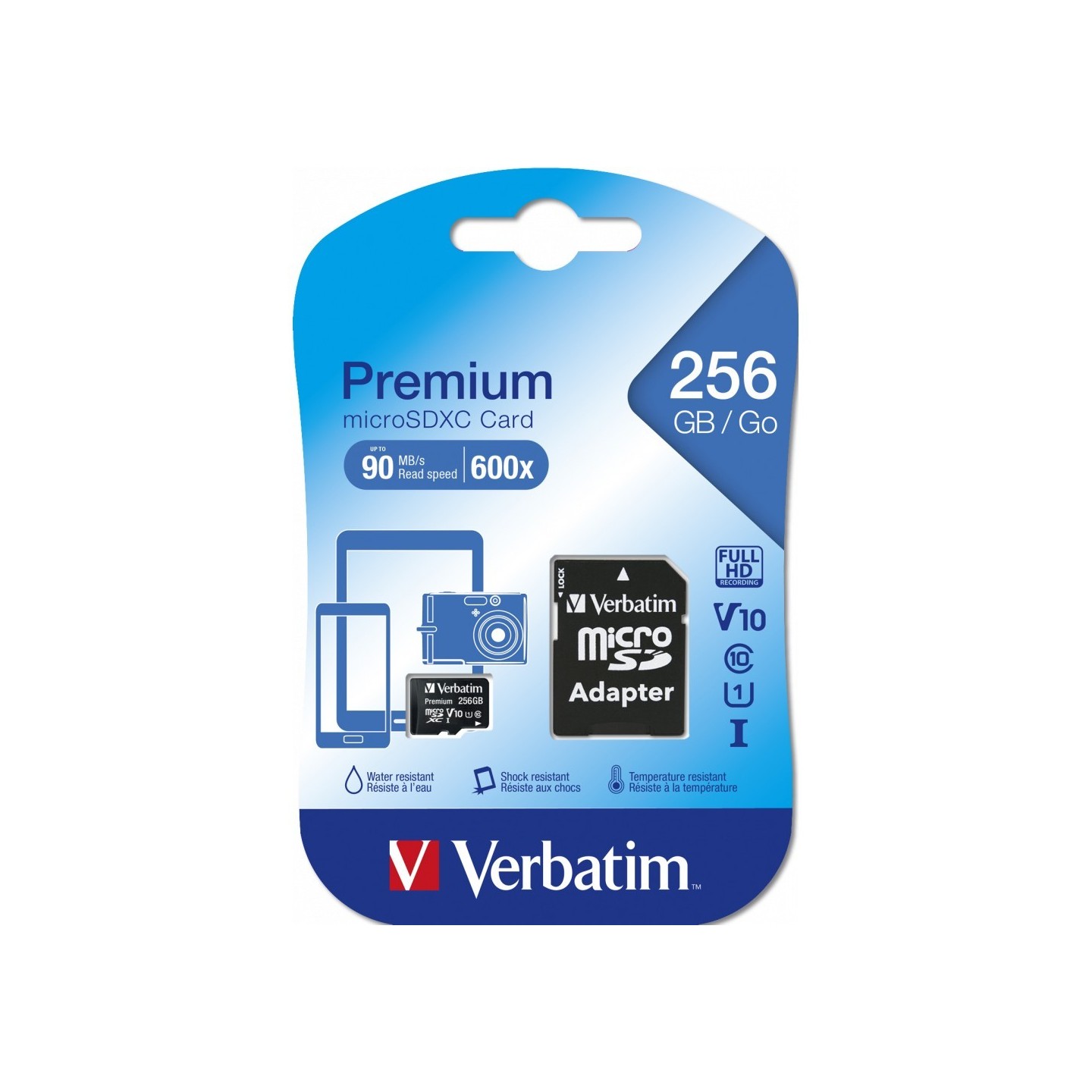 Verbatim Premium microSDXC 256GB - Class 10 UHS-I (U1), 90MB/s Read 10MB/s Write, Black (SD Adapter Included)