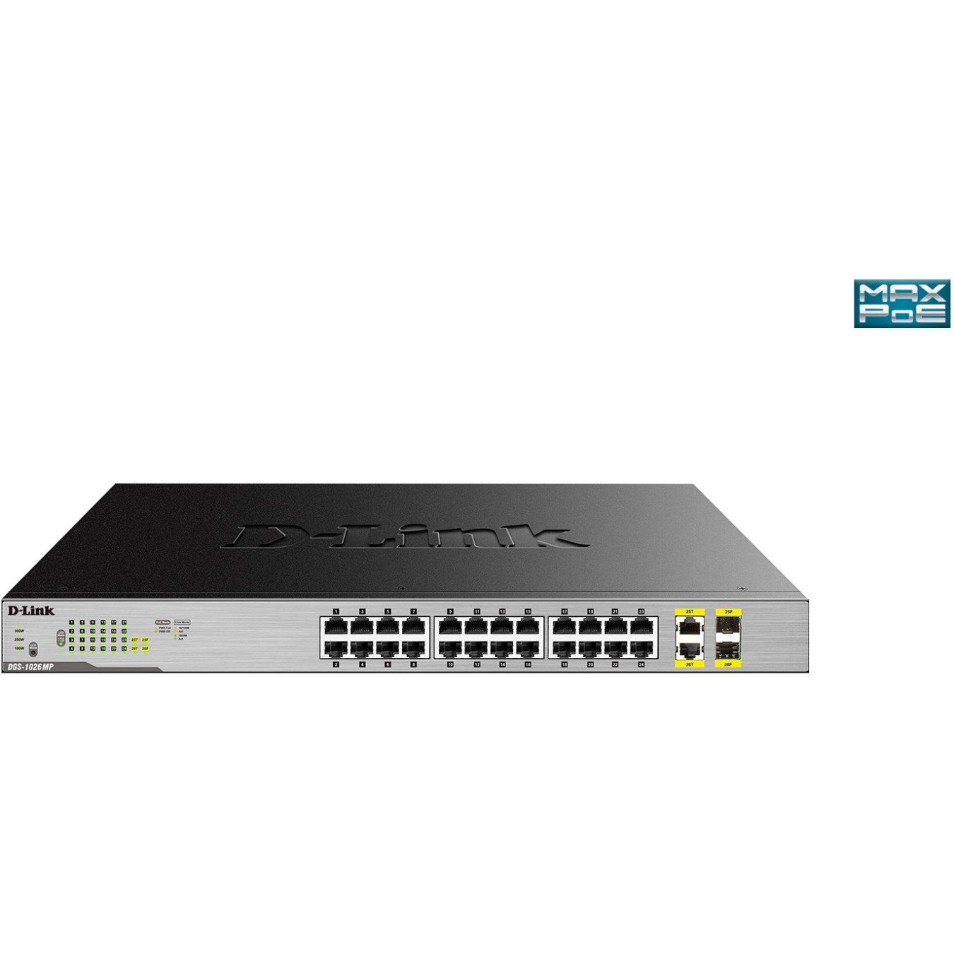D-Link 24-Port Gigabit PoE+ Switch - Unmanaged - 24x RJ45 Gigabit + 2x Combo SFP - Black/Grey, Rackmountable
