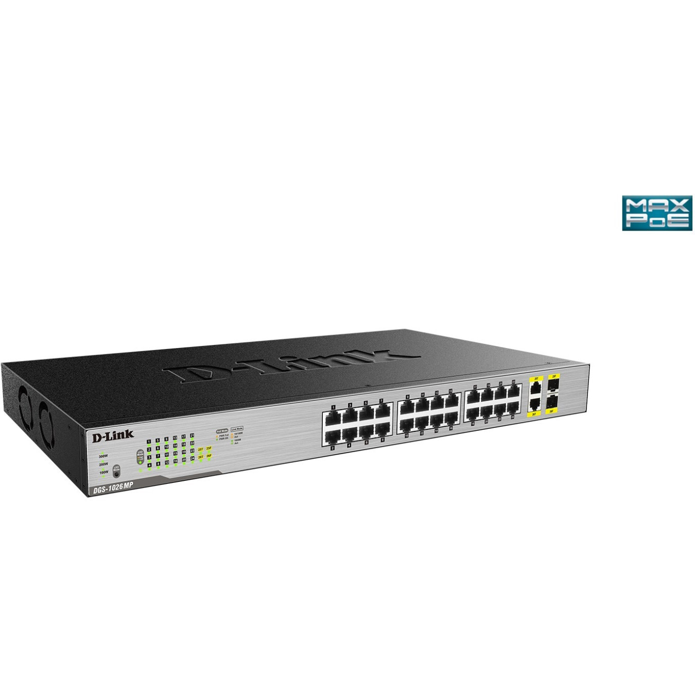 D-Link 24-Port Gigabit PoE+ Switch - Unmanaged - 24x RJ45 Gigabit + 2x Combo SFP - Black/Grey, Rackmountable