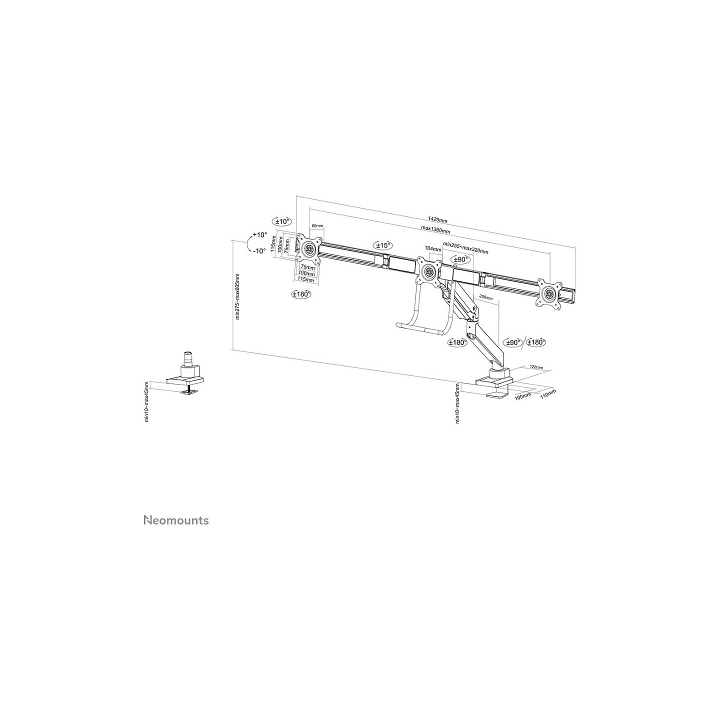 Neomounts NM-D775DX3BLACK Tischhalterung mit Tischhalterungsgriff für drei Flachbildschirme bis 27' (68.6 cm)