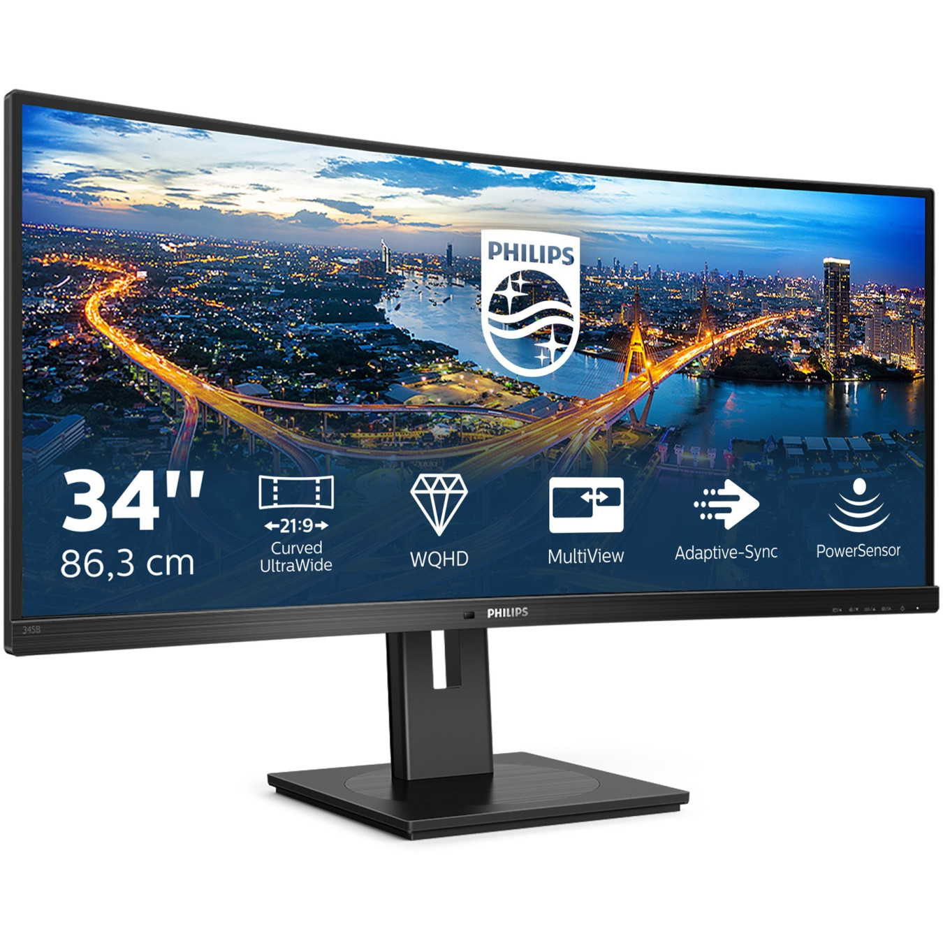Philips 345B1C/00 - 34" Curved UWQHD (3440x1440) VA Monitor, 1500R, 100Hz, 4ms, USB Hub & Speakers, Black