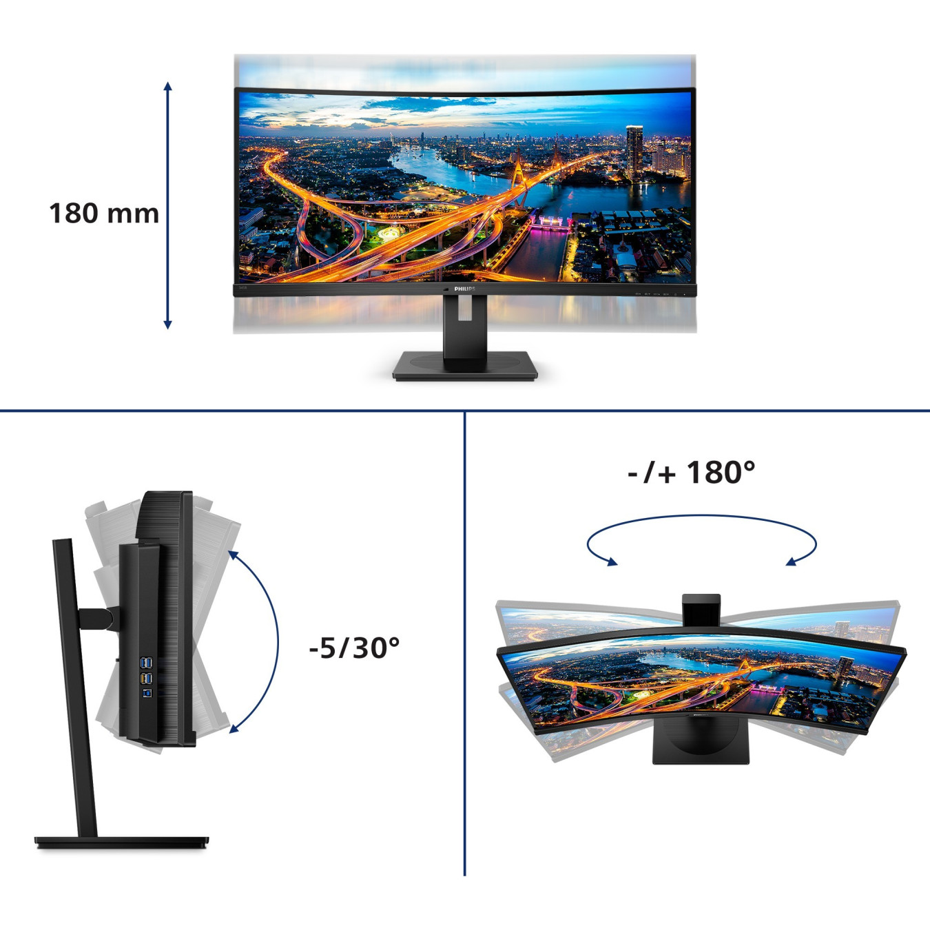 Philips 345B1C/00 - 34" Curved UWQHD (3440x1440) VA Monitor, 1500R, 100Hz, 4ms, USB Hub & Speakers, Black