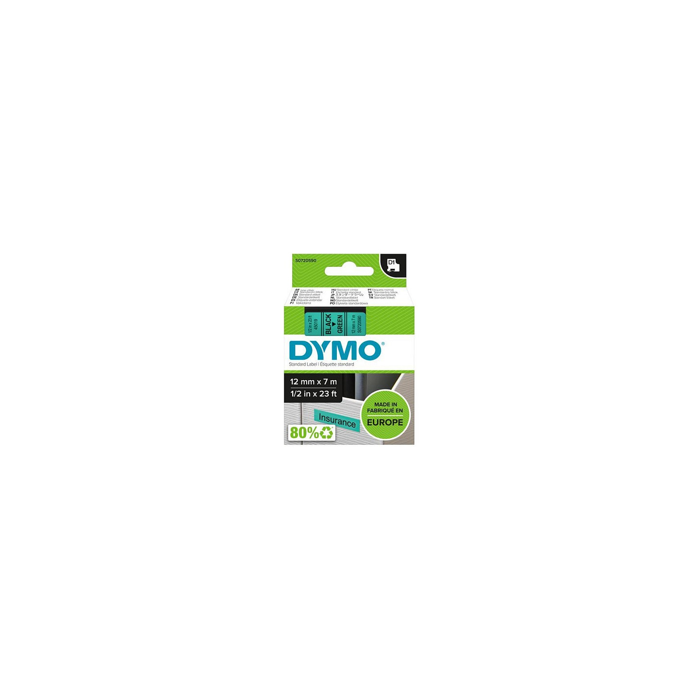 Dymo LabelWriter - D1 Etiketten Selbstklebend - 12 mm x 7 m - Schwarz auf Grün - (S0720590)