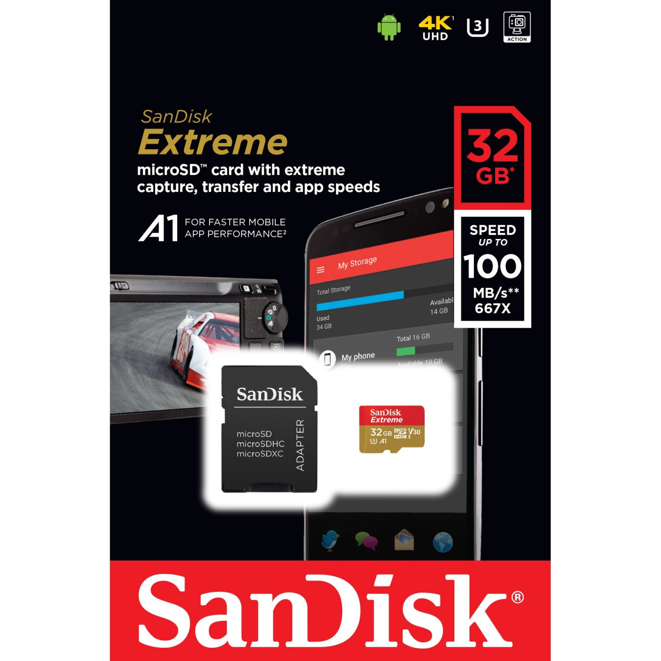 SanDisk Extreme microSDHC Card - 32GB - UHS-I (U3, V30), Class 10, 100MB/s Read & 60MB/s Write - Red/White/Yellow