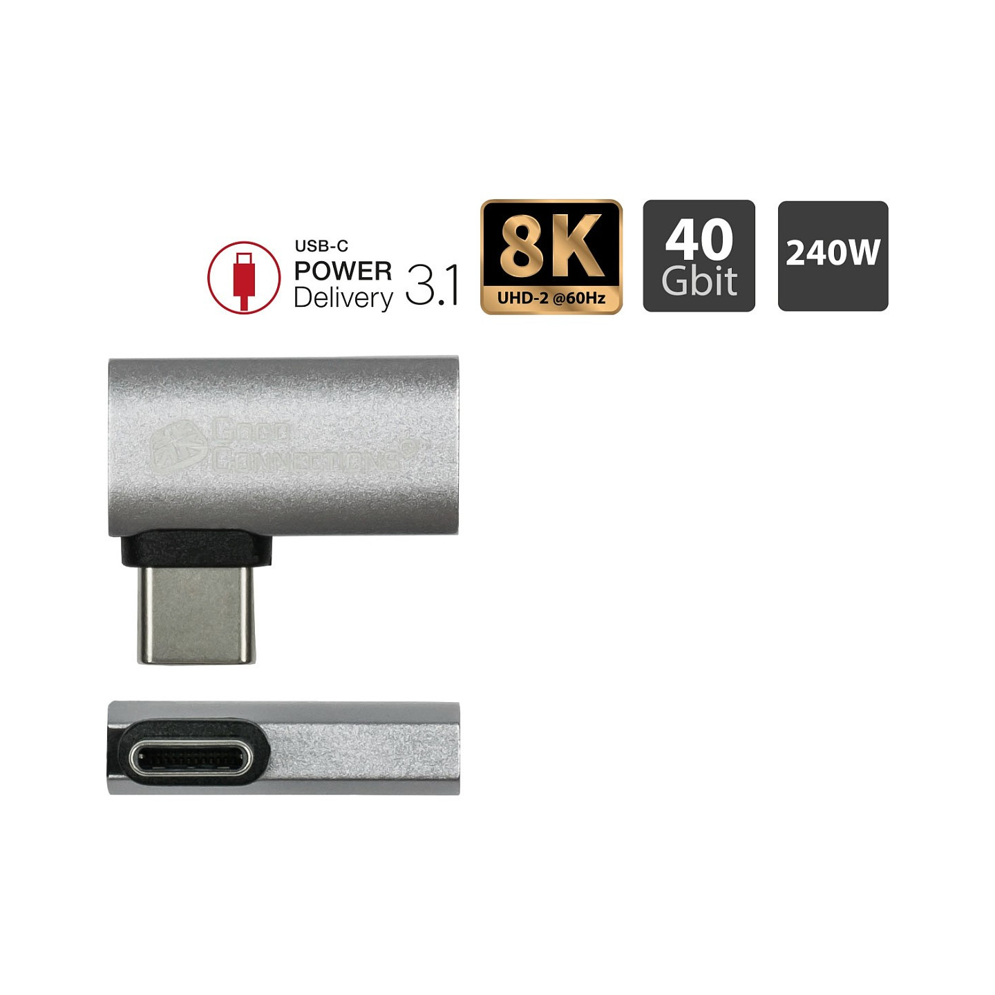 GoodConnections USB-C 4.0 (ST-BU) Winkeladapter Portschoner 240W 8K 60Hz Silber — Buy in Cyprus with Fast Delivery