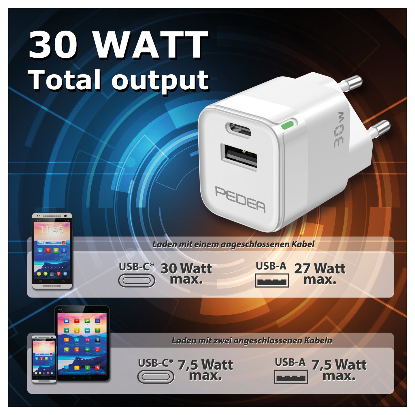 PEDEA 30W USB-C (PD) Schnellladegerät - 2-Ports Mehrfach Handy-Ladegerät mit USB-C und USB-A. weiß