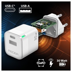 PEDEA 30W USB-C (PD) Schnellladegerät - 2-Ports Mehrfach Handy-Ladegerät mit USB-C und USB-A. weiß