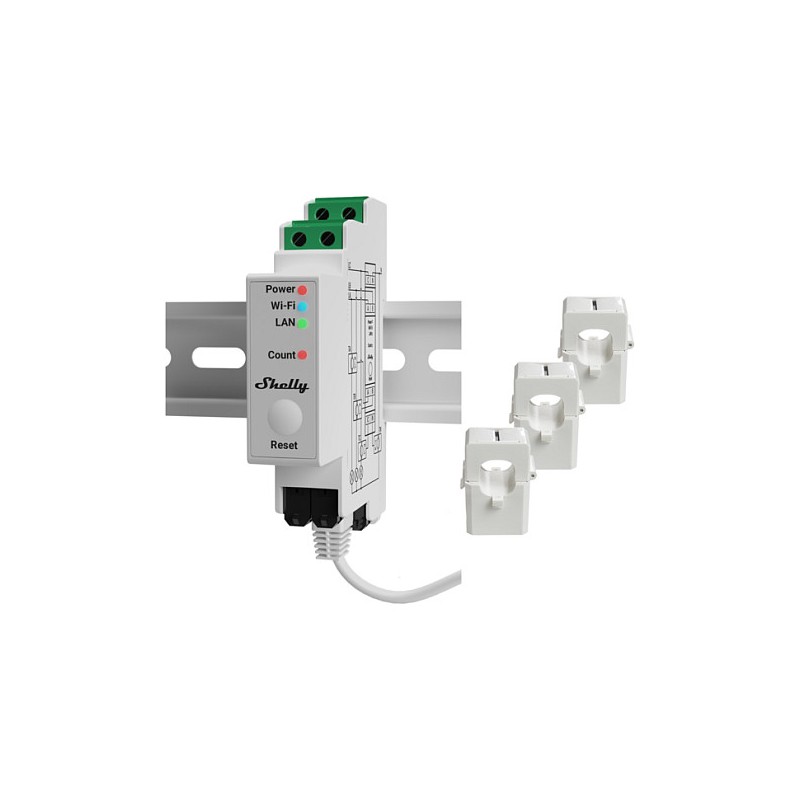 Shelly Relais 'Pro 3EM 120A' WLAN LAN Stromzähler Inkl. 3x 120A Klemmen Messfunktion BT DIN-Rail