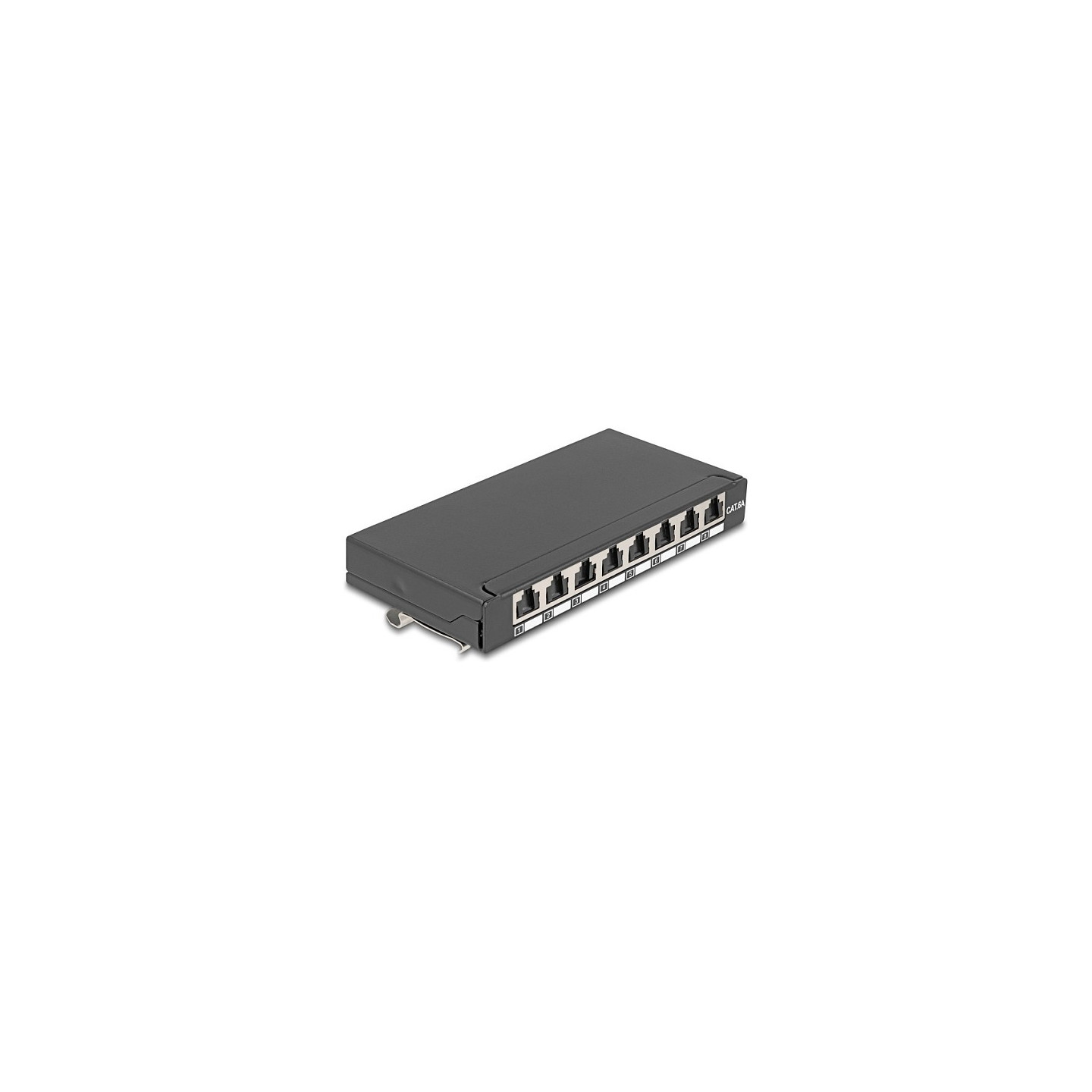 Delock Mini Desktop Patchpanel RJ45 Buchse 8 Port Cat.6A geschirmt schwarz - zur Montage an Tisch. Wand oder Hutschiene