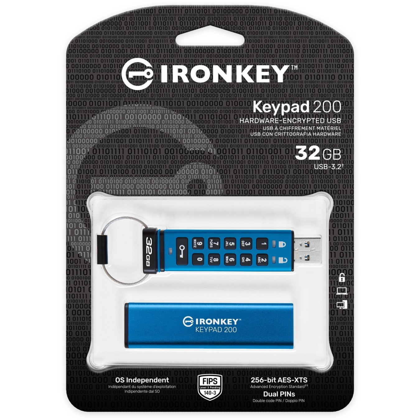 Kingston IronKey Keypad 200 - 32GB Blue USB-A 3.2 Gen1, AES-256 Hardware Encrypted, FIPS 140-3 L3