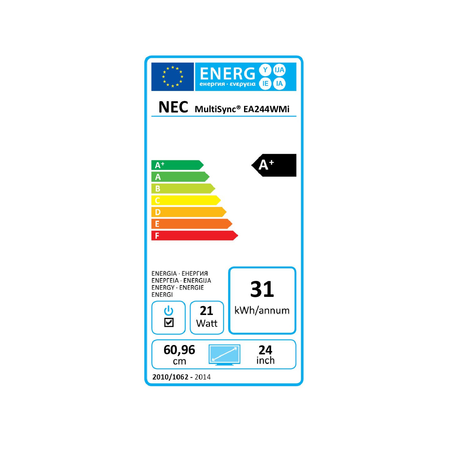 NEC MULTISYNC EA244WMI-WH. 24'. WUXGA. D-SUB: nein. DP: 1x. DVI: 1x. HDMI: 1x. mit Standfuß. Grad A4