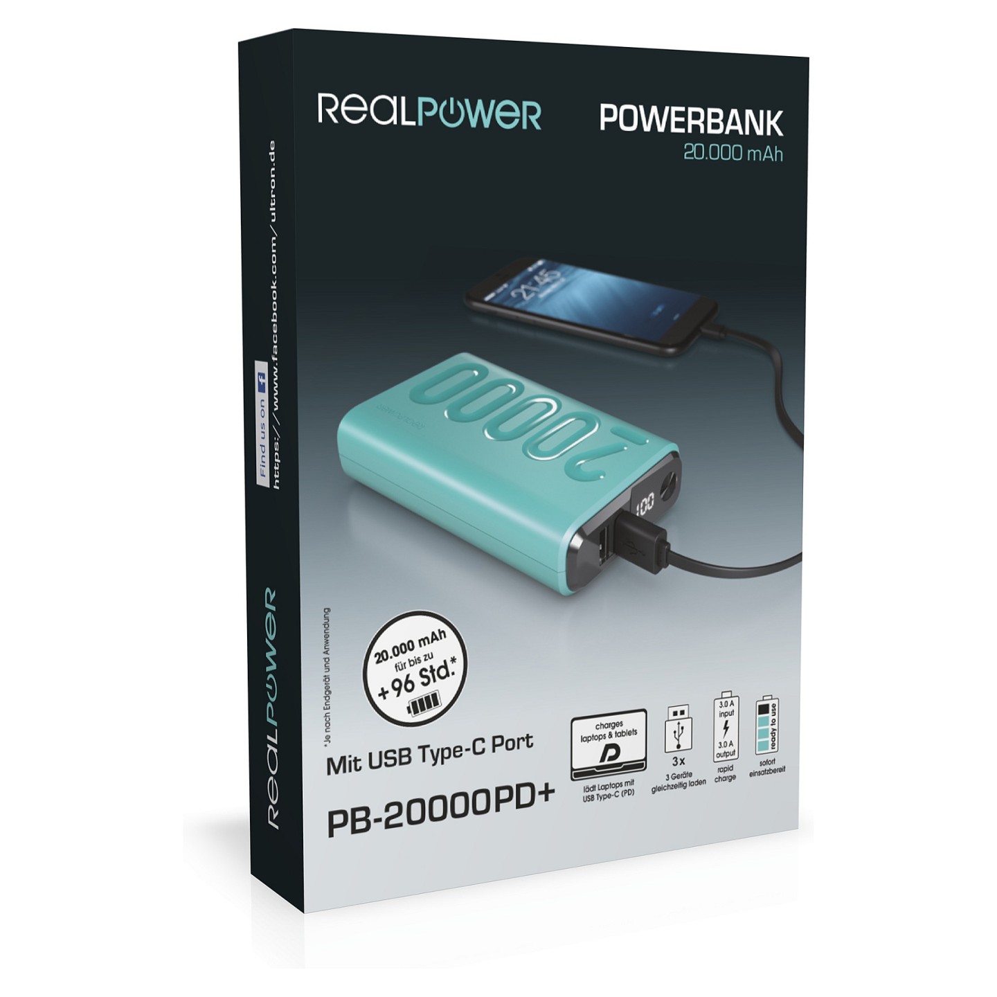 RealPower Powerbank PB-20000 PD light blue — Buy in Cyprus with Fast Delivery