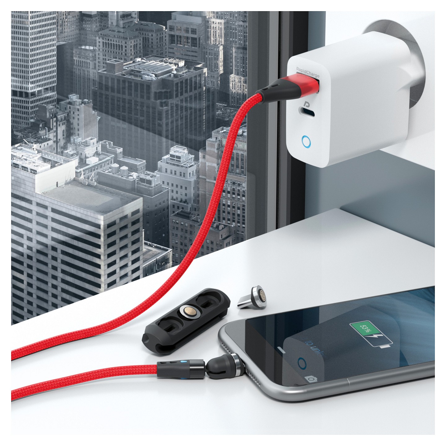 RealPower Magnetic cable 3 Amp.1m.rot mit Adaptern — Buy in Cyprus with Fast Delivery
