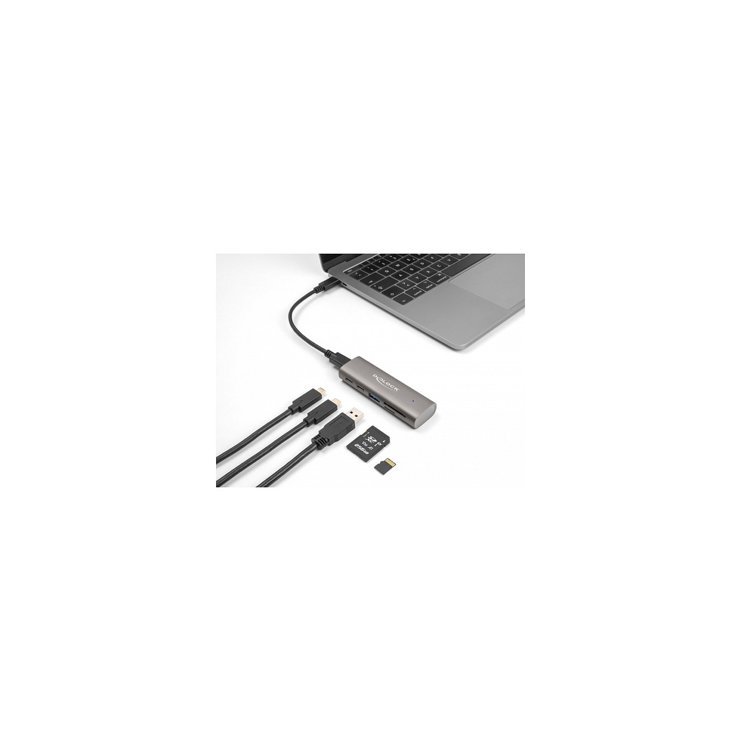 DELOCK 3 Port USB 10 Gbps Hub inklusive SD und Micro SD Card Reader mit USB Type-C Anschluss