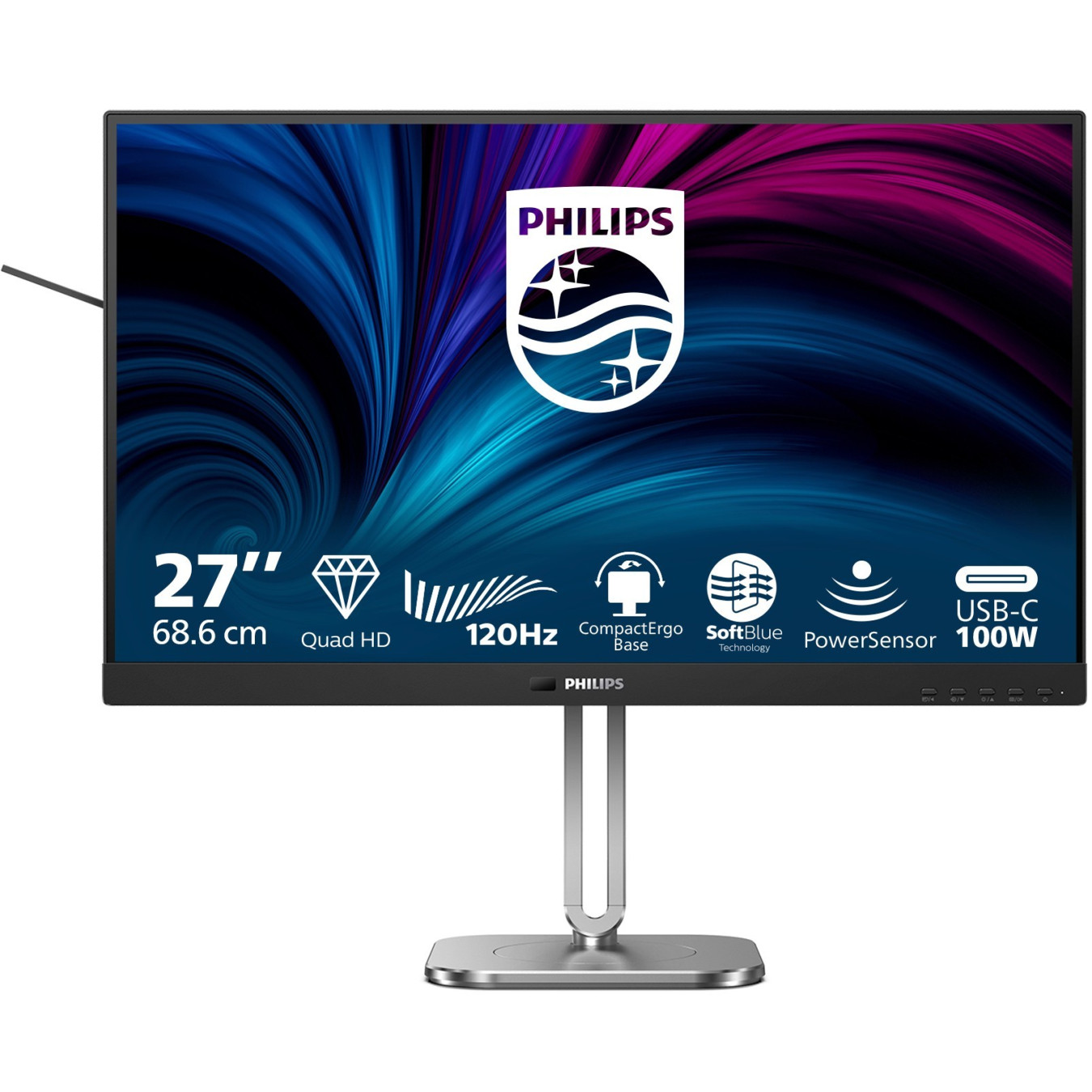 Philips 27B2U4601/00 - 27in (68.6 cm) QHD IPS Monitor, 2560x1440, 120Hz, 4ms GTG, HDMI/DP/USB-C, Height-Adjustable, Grey