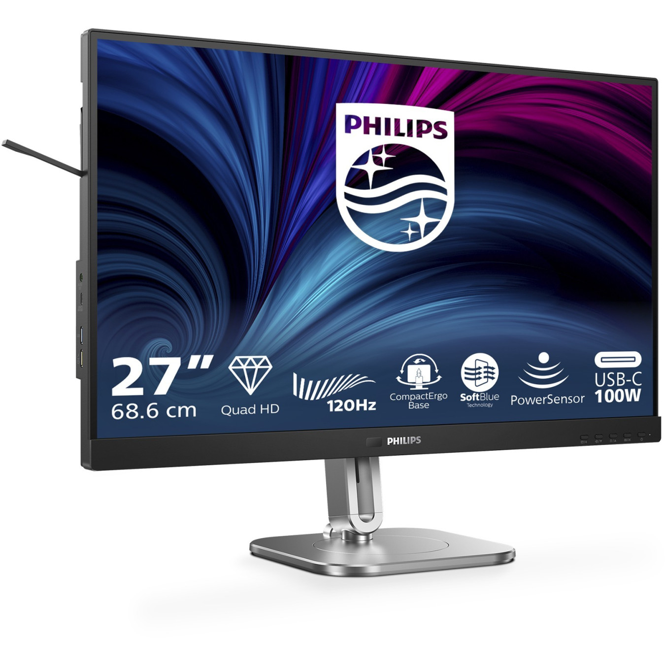 Philips 27B2U4601/00 - 27in (68.6 cm) QHD IPS Monitor, 2560x1440, 120Hz, 4ms GTG, HDMI/DP/USB-C, Height-Adjustable, Grey