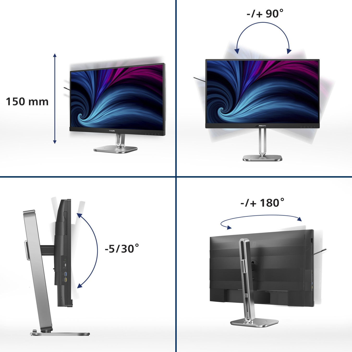 Philips 27B2U4601/00 - 27in (68.6 cm) QHD IPS Monitor, 2560x1440, 120Hz, 4ms GTG, HDMI/DP/USB-C, Height-Adjustable, Grey