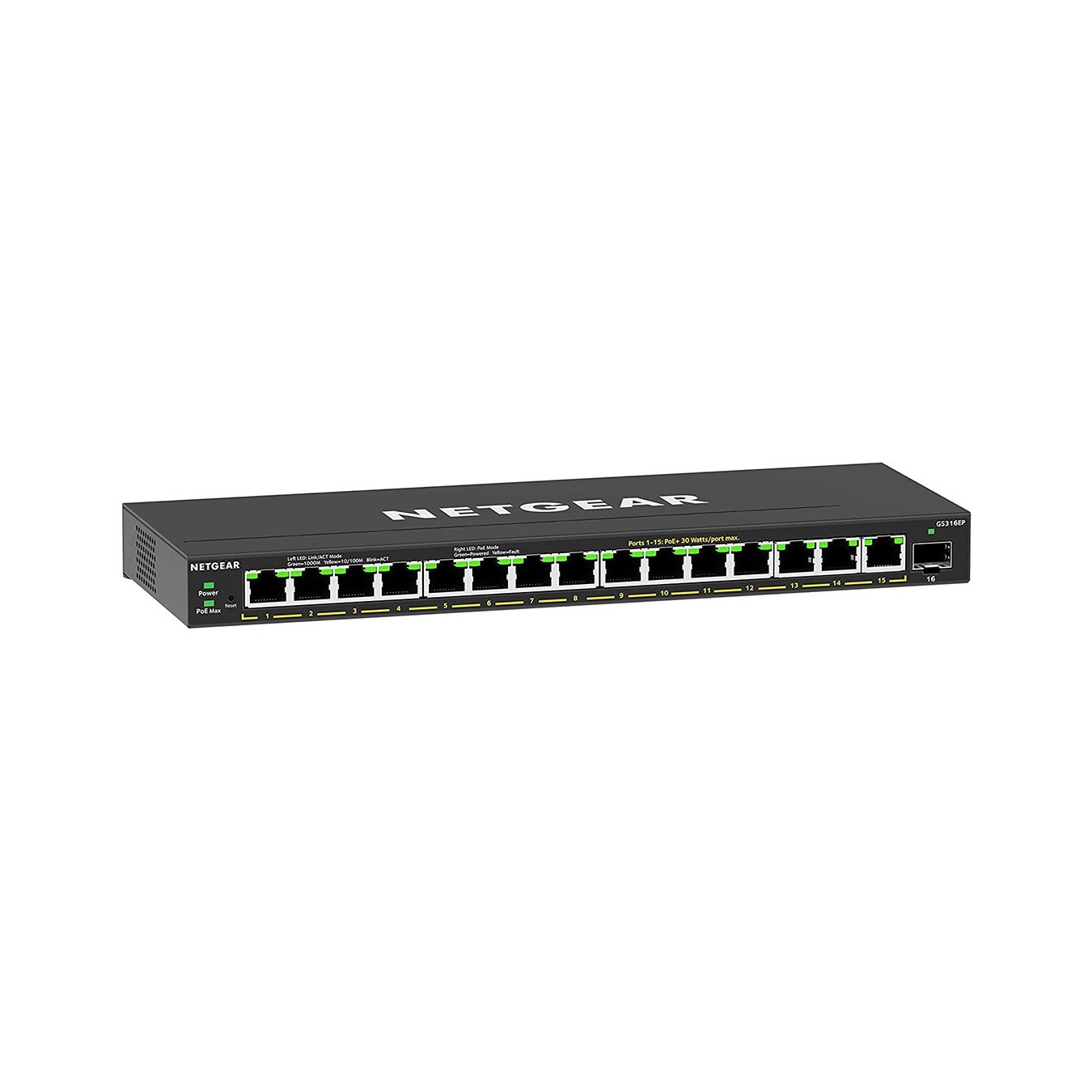 NETGEAR GS316EP-100PES - 16-Port PoE+ Gigabit Switch, 180W Budget, 15x RJ45 + 1 SFP, Black, Managed