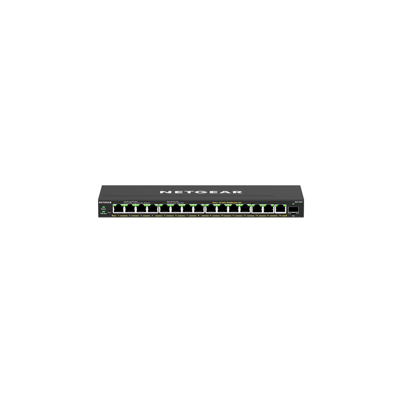 NETGEAR GS316EP-100PES - 16-Port PoE+ Gigabit Switch, 180W Budget, 15x RJ45 + 1 SFP, Black, Managed