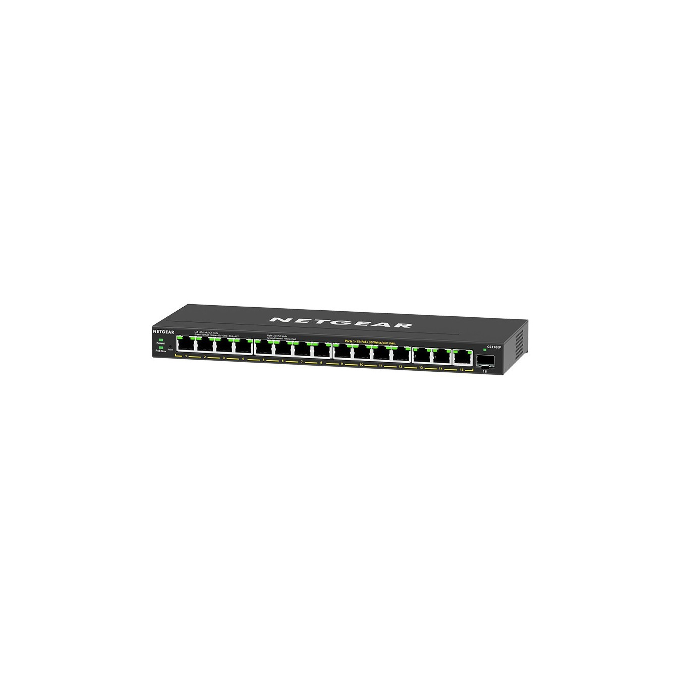 NETGEAR GS316EP-100PES - 16-Port PoE+ Gigabit Switch, 180W Budget, 15x RJ45 + 1 SFP, Black, Managed