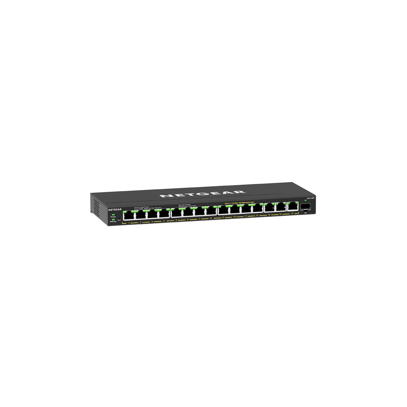 NETGEAR GS316EP-100PES - 16-Port PoE+ Gigabit Switch, 180W Budget, 15x RJ45 + 1 SFP, Black, Managed