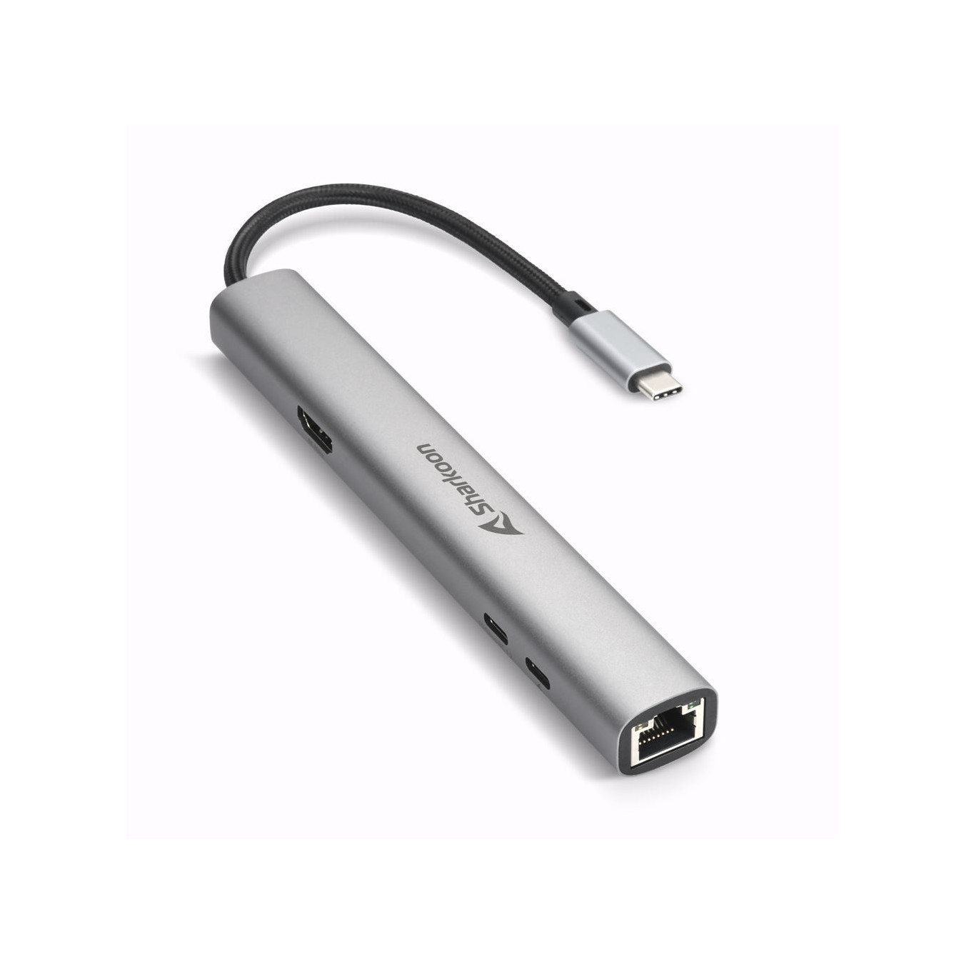 Sharkoon OfficePal Combo Adapter - Dark Grey Aluminum - 2x USB-A, 2x USB-C, HDMI, RJ45, 1250 Mbps