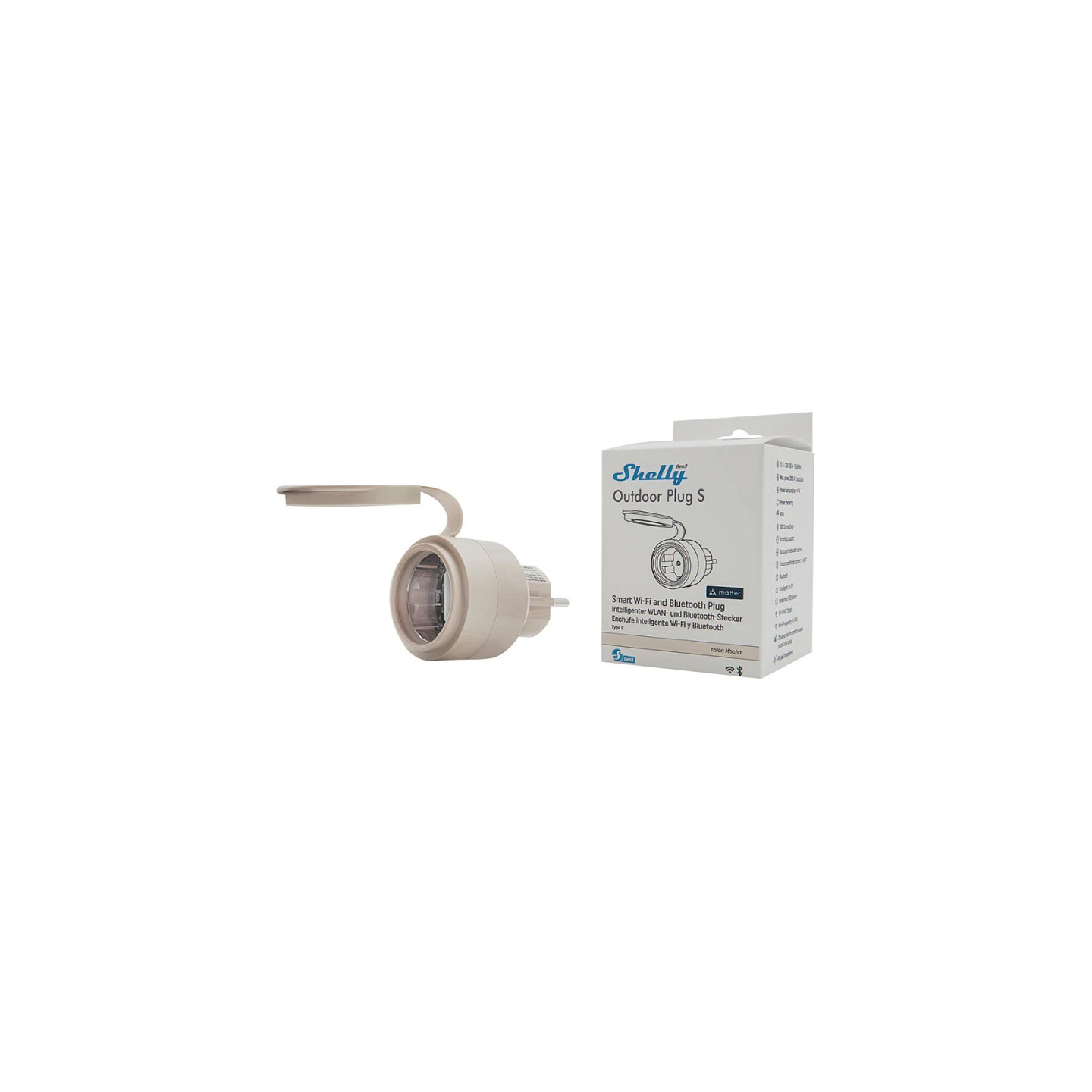 Shelly Plug & Play 'Outdoor Plug S Gen3' Zwischenstecker für draußen 12A Messfunktion WLAN Matter BT