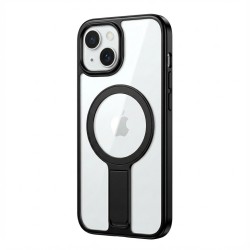 Case aus 10H Hartglas mit Kickstand für Apple iPhone 16. Transparent Schwarz. GA-MAGCS-IP24-BLS61BLK
