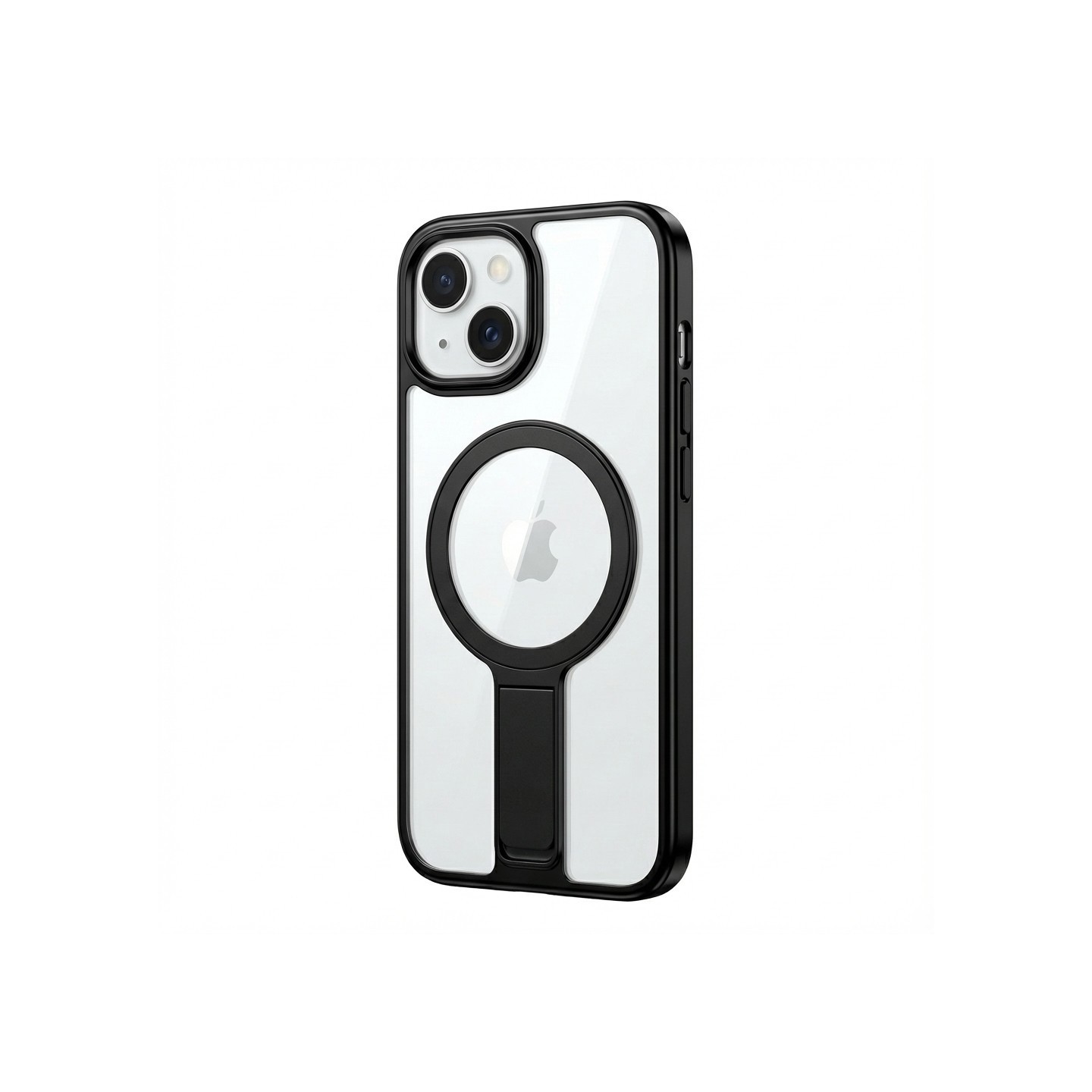 Case aus 10H Hartglas mit Kickstand für Apple iPhone 16. Transparent Schwarz. GA-MAGCS-IP24-BLS61BLK