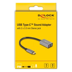 DELOCK Externe USB Soundkarte mit Type-C Stecker auf 2 x 3.5mm Klinkenbuchse Plug & Play Audio Adapter