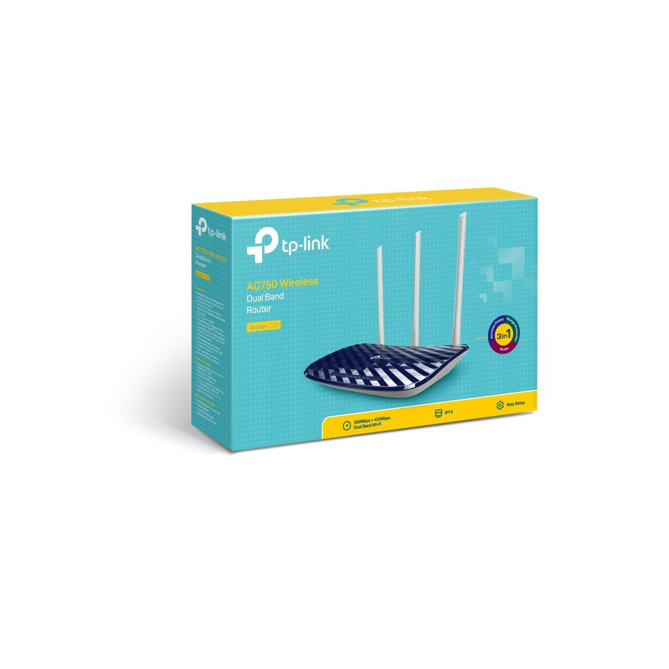 TP-Link Archer C20 - AC750 Dual-Band Router - Wi-Fi 5 (802.11ac), 2.4/5 GHz, 300+433 Mbps, Black/White