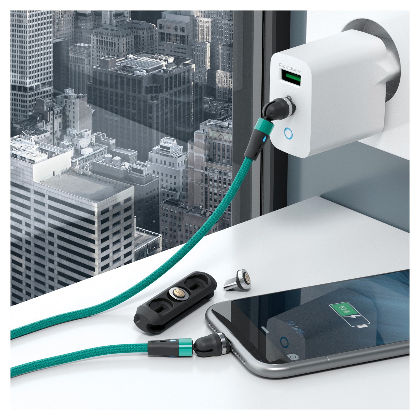 RealPower Magentic cable.1m 2x magnetisch.grün mit Adaptern — Buy in Cyprus with Fast Delivery