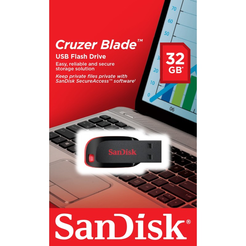 Buy SanDisk Cruzer Blade - 32 GB - USB 2.0 Flash Drive, USB-A, Capless, Black/Red in Cyprus, Nicosia, Limassol, Larnaka, Pafos
