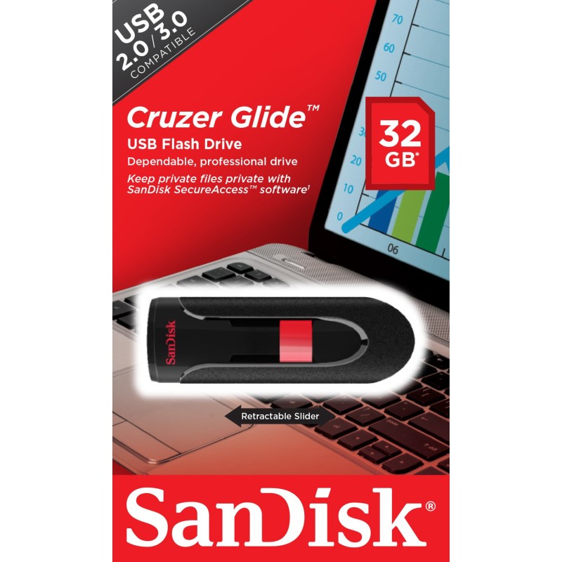 Buy SanDisk Cruzer Glide - 32GB USB 2.0 Flash Drive - Black, USB-A, Slide Cap in Cyprus, Nicosia, Limassol, Larnaka, Pafos