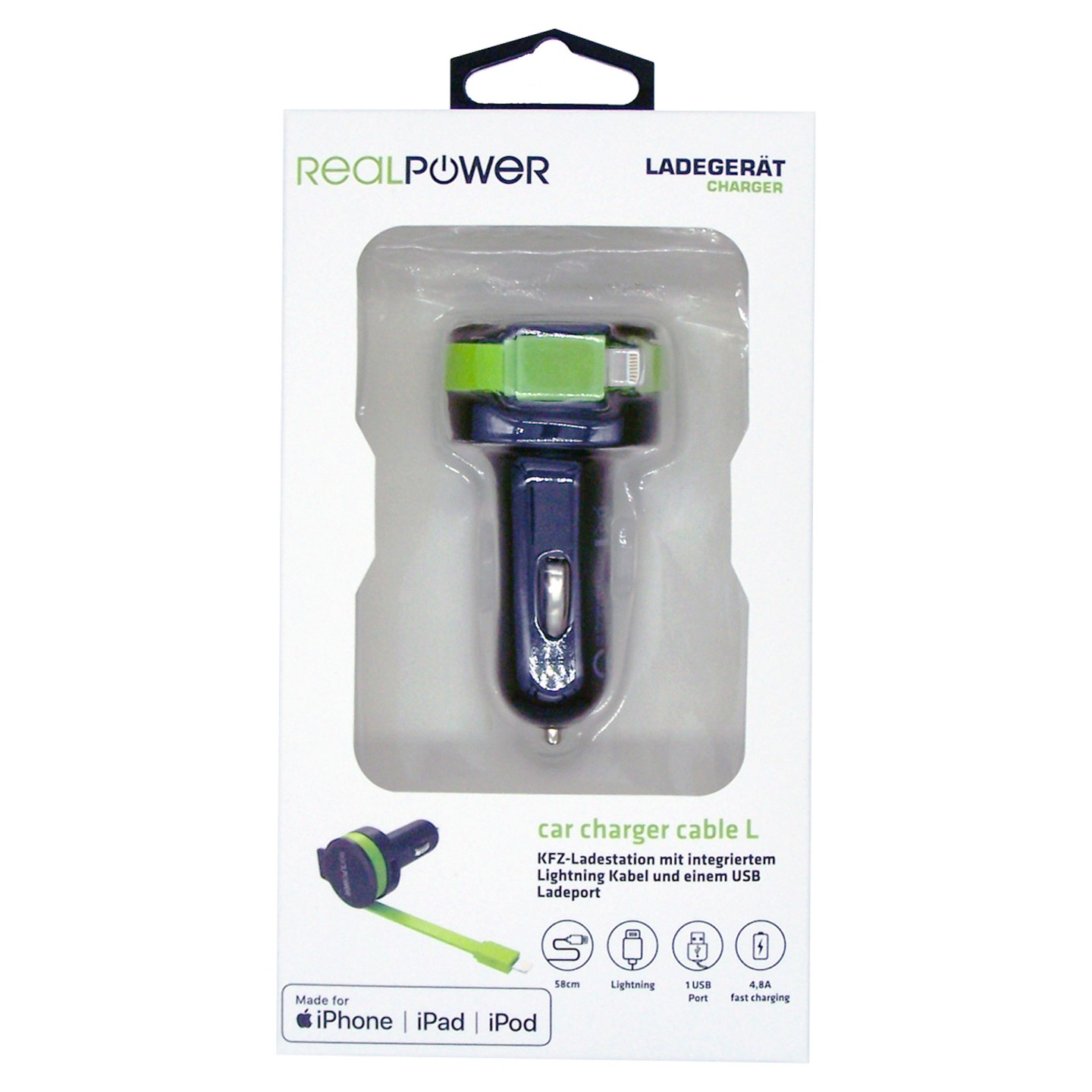 RealPower KFZ-Ladegerät Charger L 2400mA 1xUSB 1xLightning — Buy in Cyprus with Fast Delivery