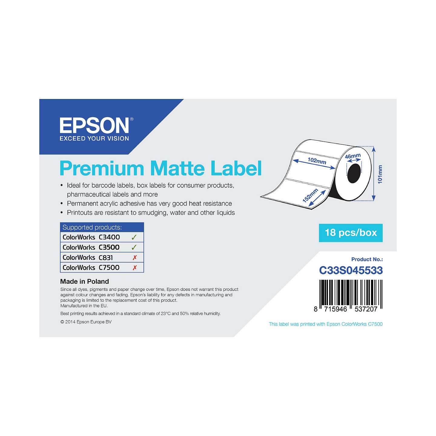 Epson Premium - Matte. gestanzte Etiketten - 102 x 152 mm - 225 Etikett(en) - für Epson TM-C3400-LT