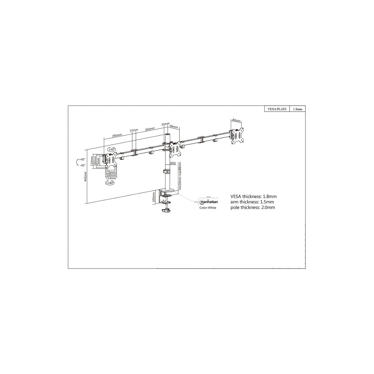 MANHATTAN LCD Monitorhalterung fuer 3 Displays zweichfach schwenkbar Tischhalterung mit 2 Monitorarmen bis 68.58cm 27...